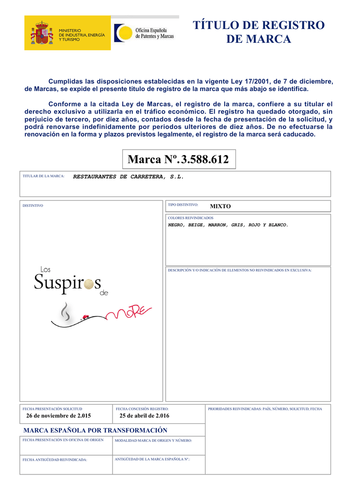 TÍTULO DE REGISTRO DE MARCA Marca Nº. 3.588.612