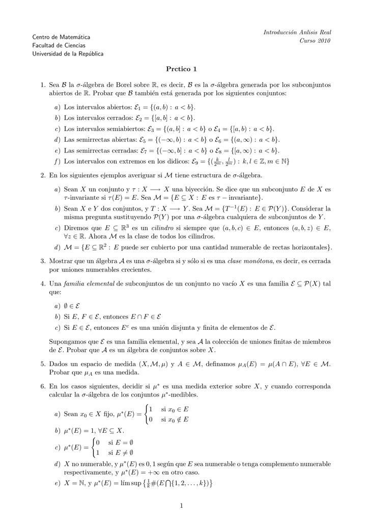 Prctico 1 1 Sea B La S Algebra De Borel Sobre R Es Decir B Es La S