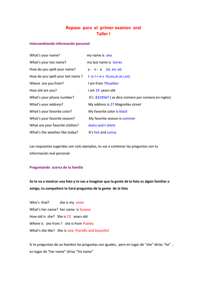 Repaso Para El Examen Oral