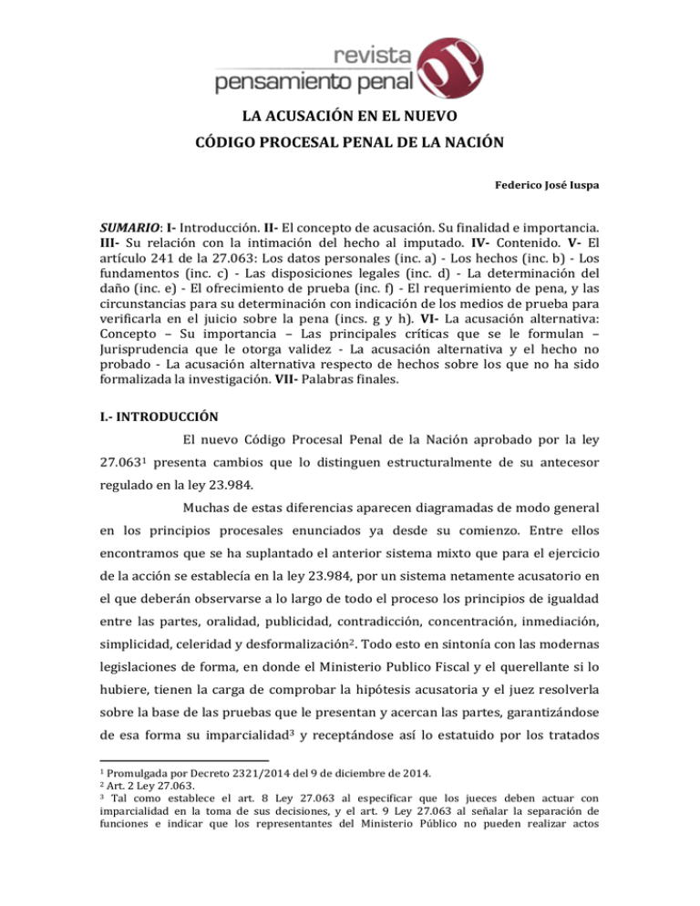 La Acusación En El Nuevo Código Procesal Penal De La Nación