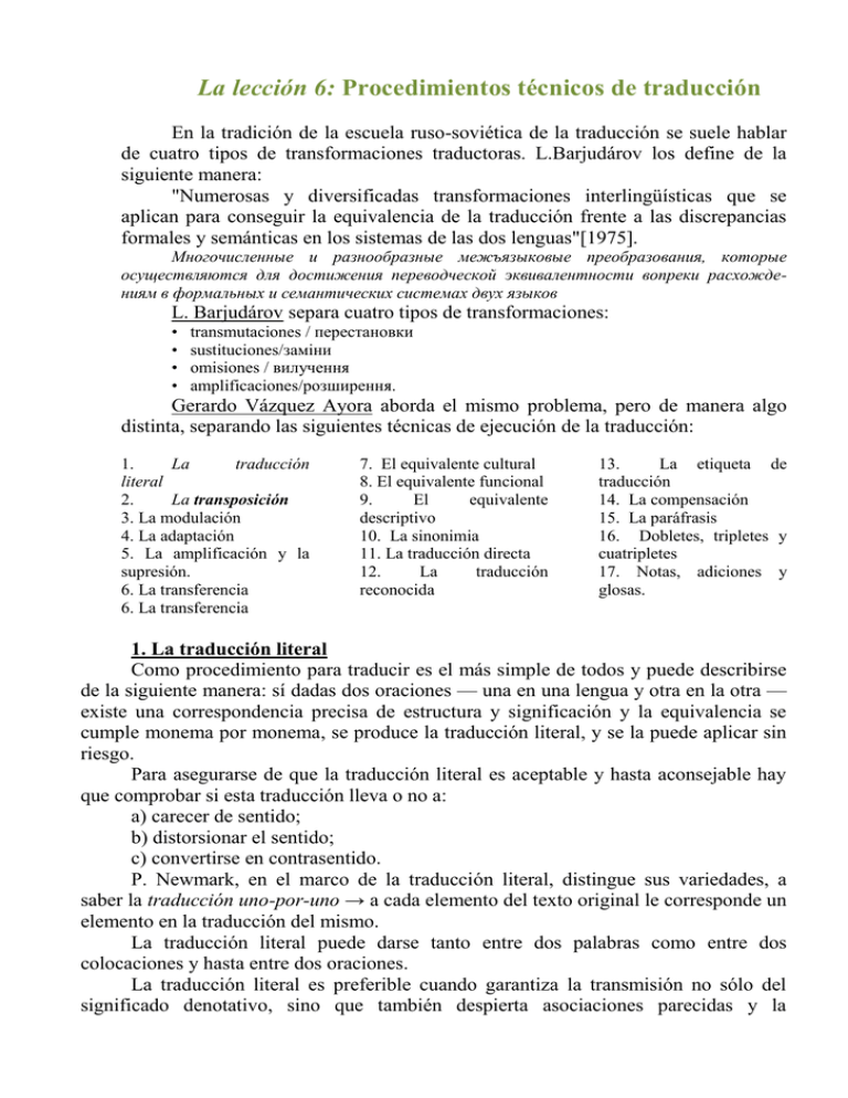 La Lección 6: Procedimientos Técnicos De Traducción