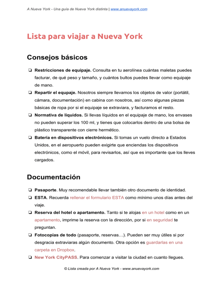 Lista Para Viajar A Nueva York Consejos Básicos