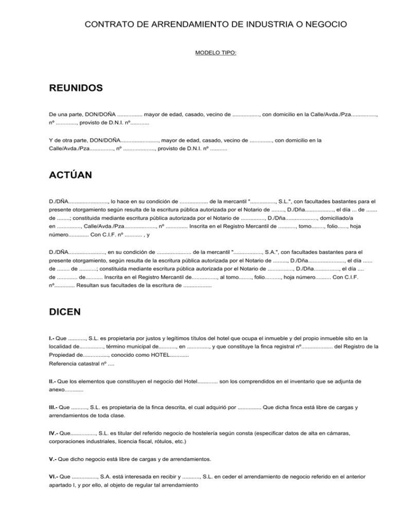 Contrato de arrendamiento de industria o negocio