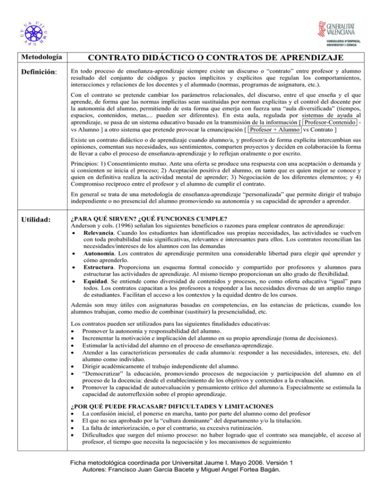 CONTRATO DIDÁCTICO O CONTRATOS DE APRENDIZAJE