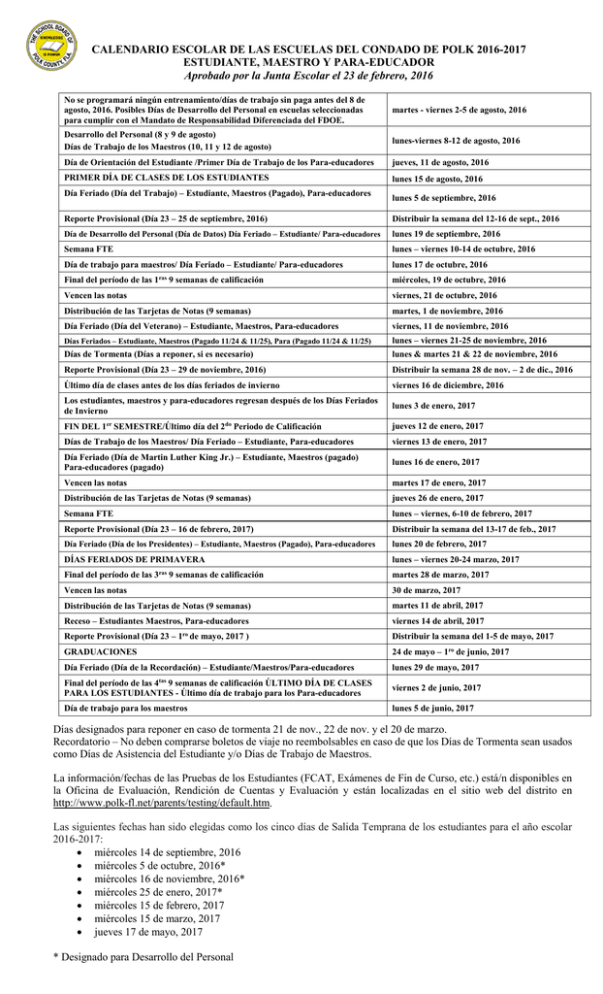 POLK COUNTY TRADITIONAL SCHOOL CALENDAR