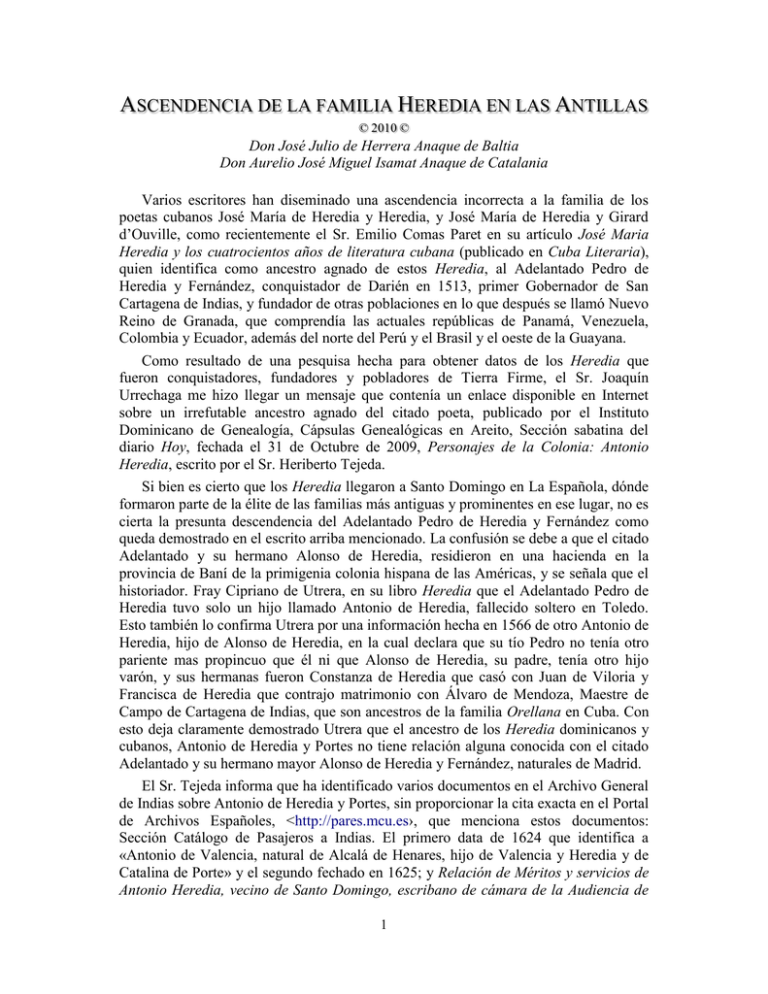 Ascendencia De La Familia Heredia En Las Antillas