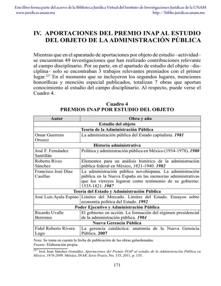 IV. Aportaciones del Premio INAP al estudio del objeto de la