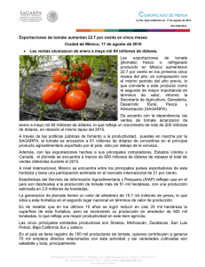 Exportaciones de tomate aumentan 22.7 por ciento en