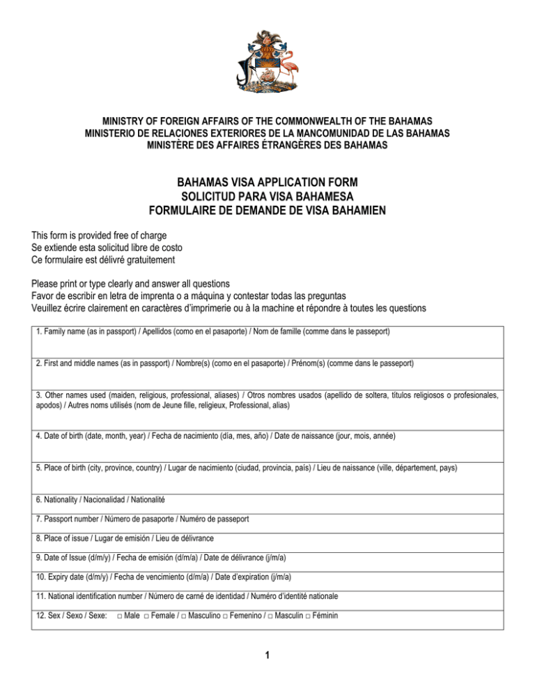 Bahamas Visa Application Form Solicitud Para Visa Bahamesa
