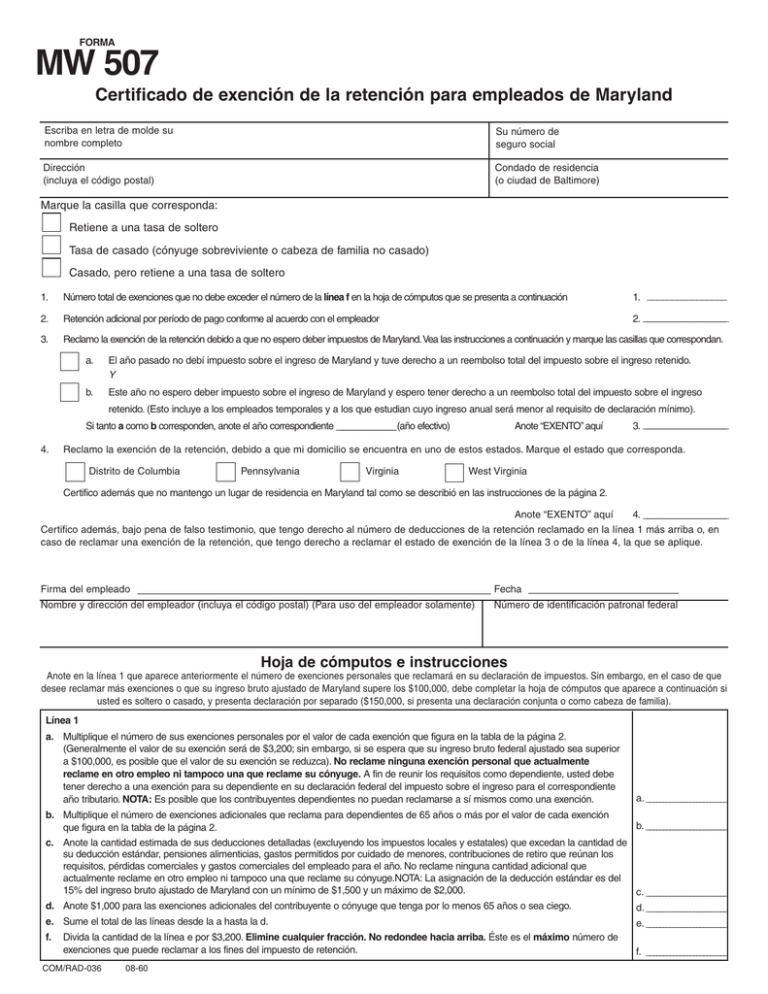 MW 507 Maryland Tax Forms and Instructions