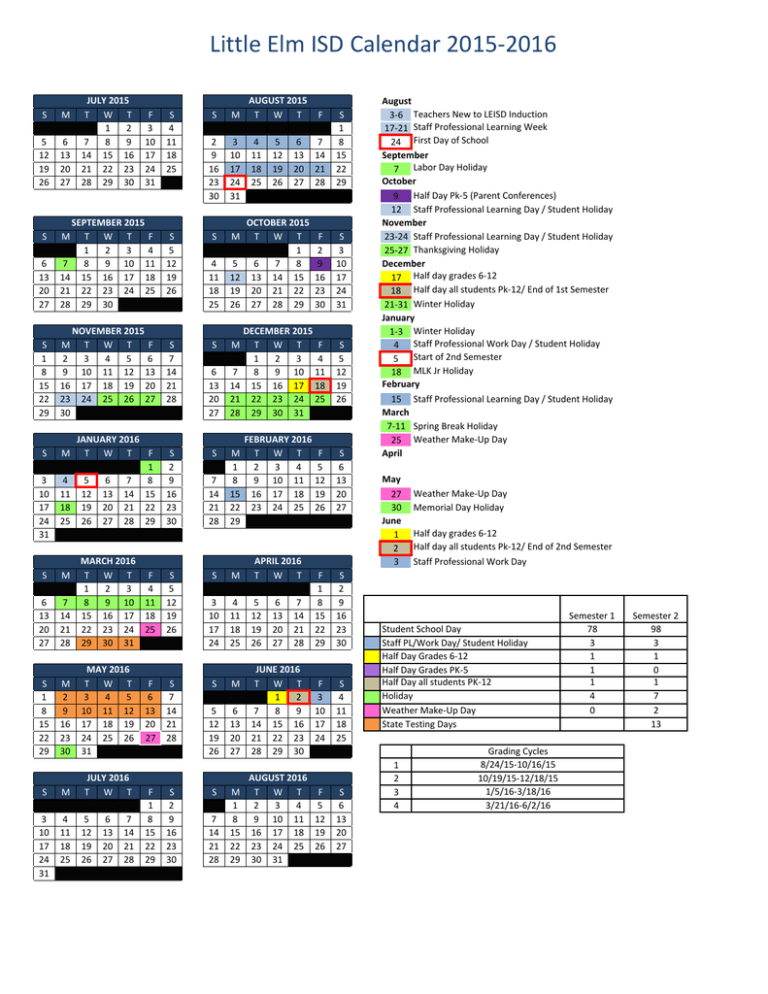 Little Elm ISD Calendar 2015 2016