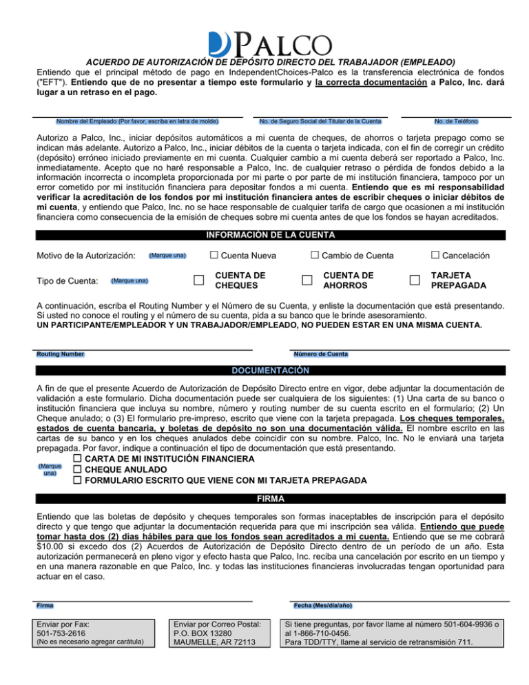 ACUERDO DE AUTORIZACIÓN DE DEPÓSITO DIRECTO DEL