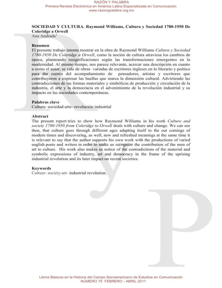 SOCIEDAD Y CULTURA. Raymond Williams