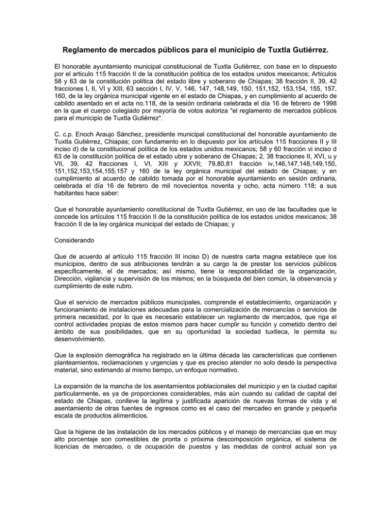 Reglamento De Mercados P blicos Para El Municipio De Tuxtla