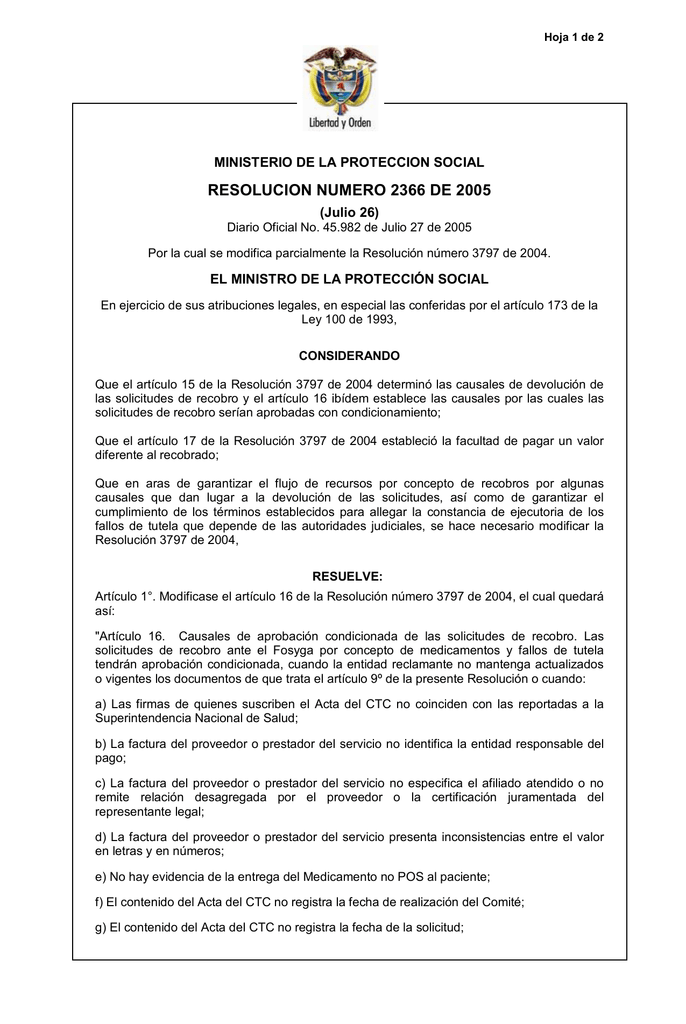 Resolución 2366 De 2005 Ministerio De Salud Y Protección Social