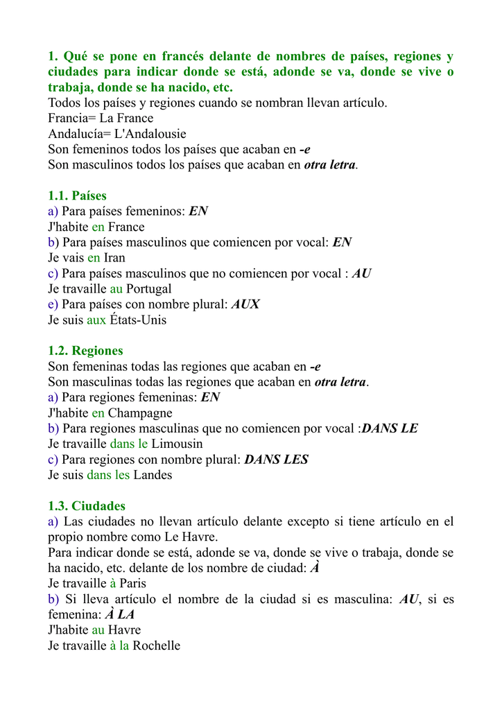 1. Qué se pone en francés delante de nombres de países, r
egiones