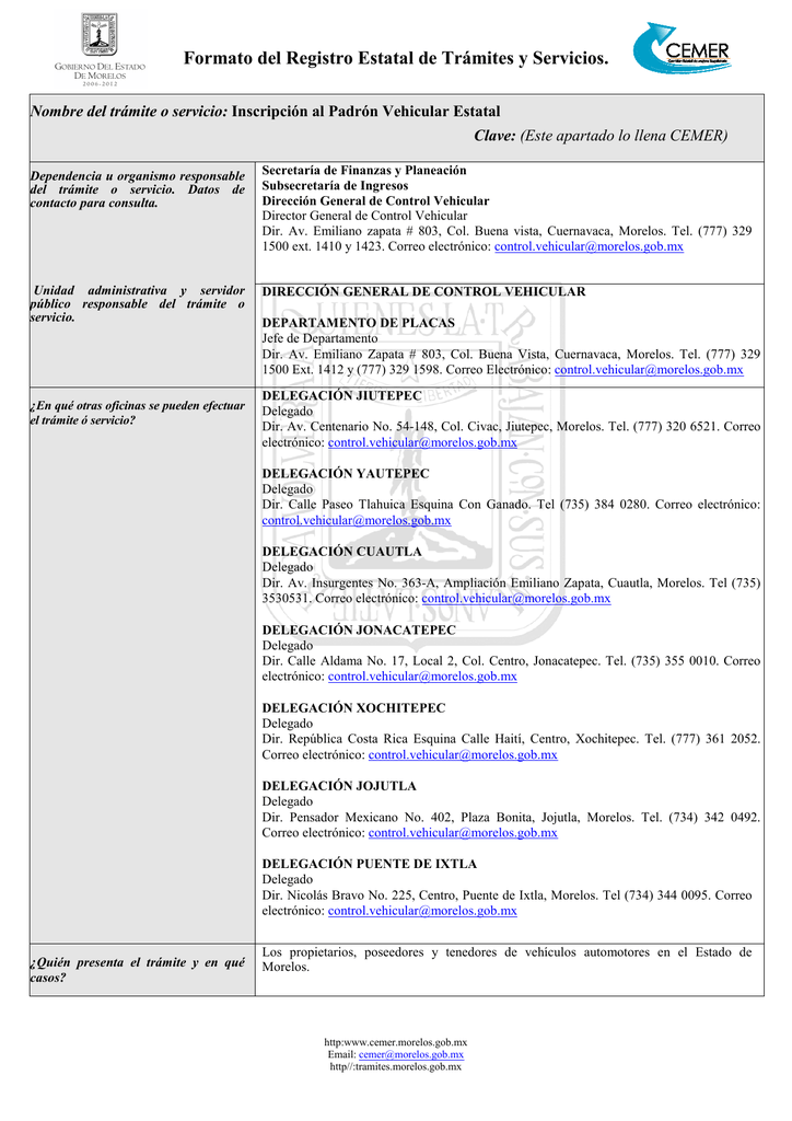 Formato del Registro Estatal de Trámites y Servicios.