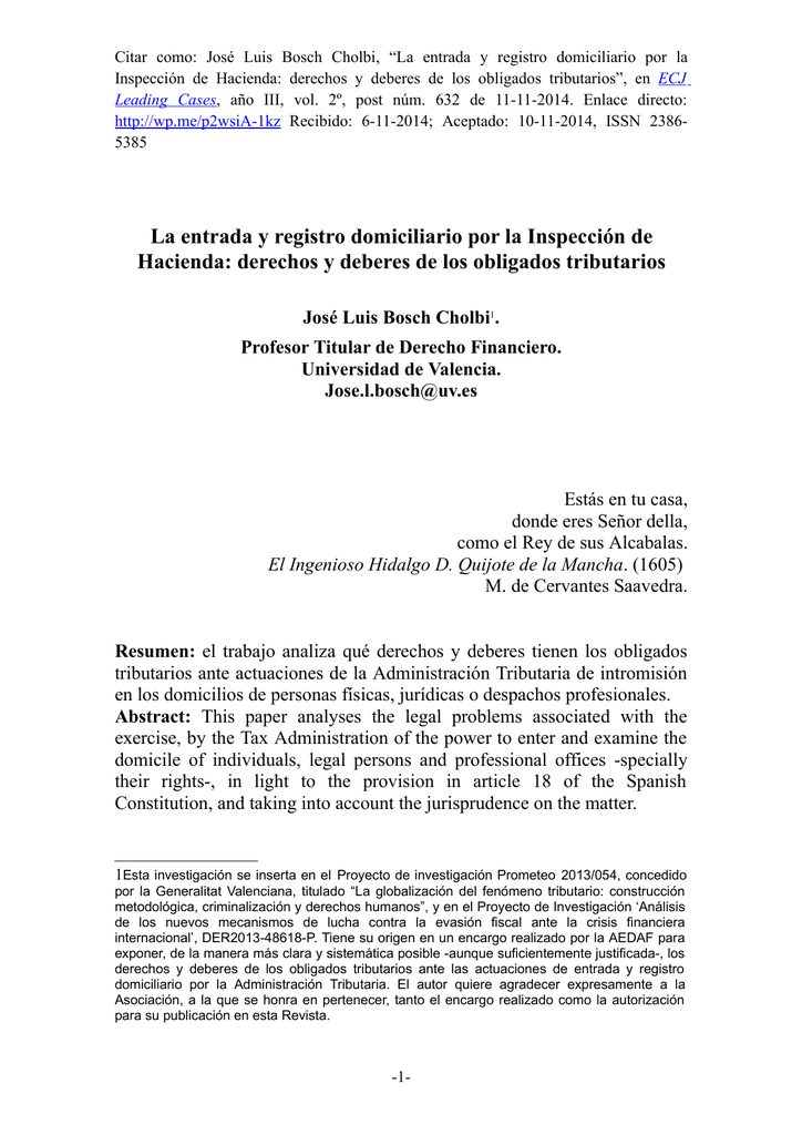 La Entrada Y Registro Domiciliario Por La Inspeccion De Hacienda