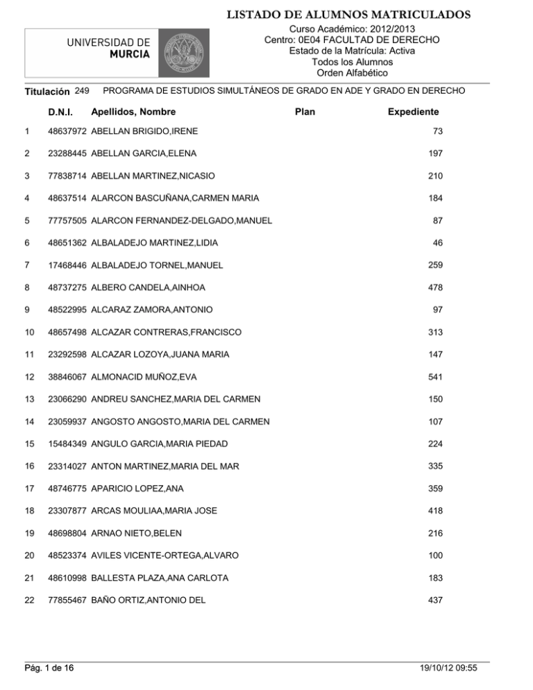 LISTADO DE ALUMNOS MATRICULADOS LISTADO DE ALUMNOS MATRICULADOS
