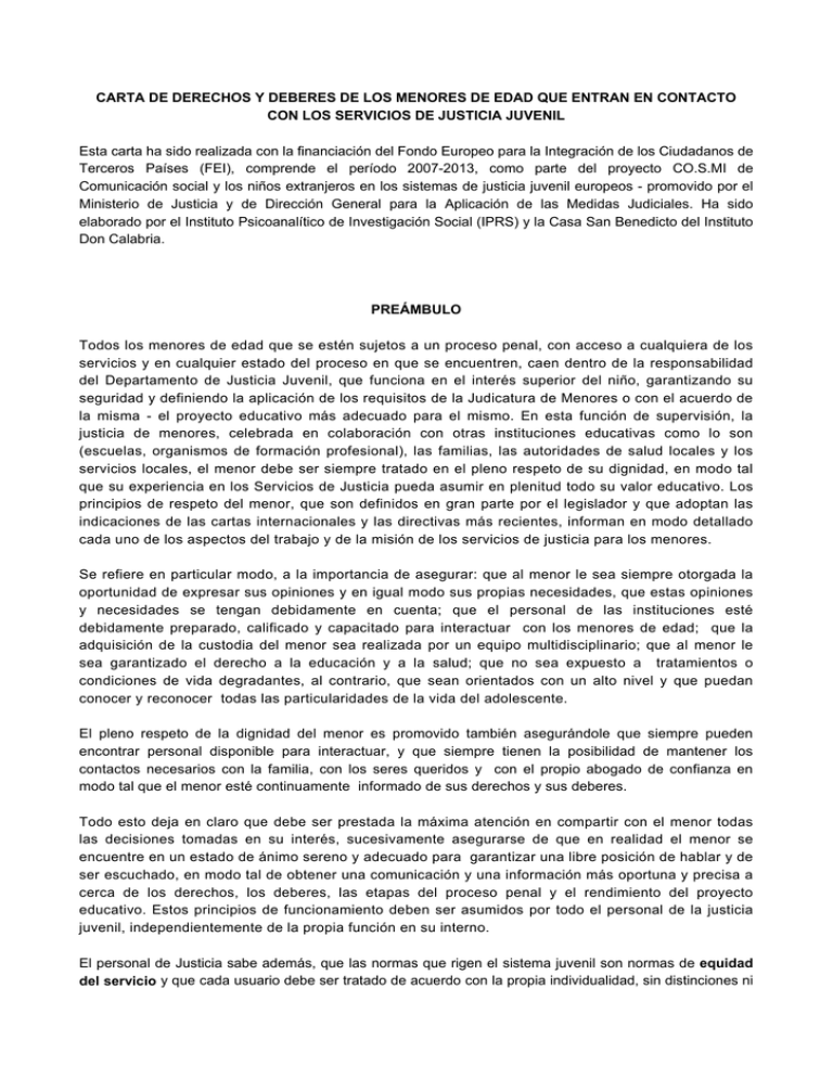 CARTA DE DERECHOS Y DEBERES DE LOS MENORES DE