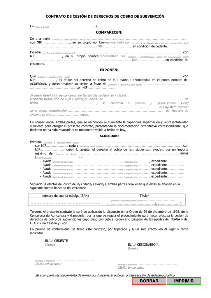 contrato de cesión de derechos de cobro de subvención