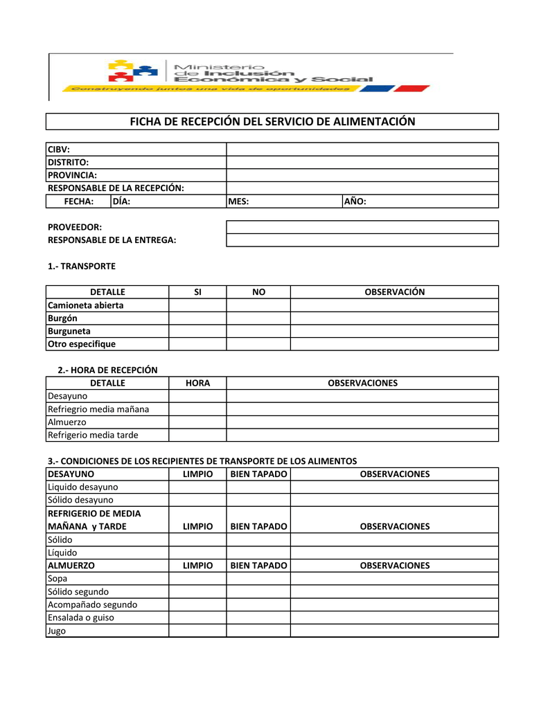 Ficha De RecepciÓn Del Servicio De AlimentaciÓn 8071