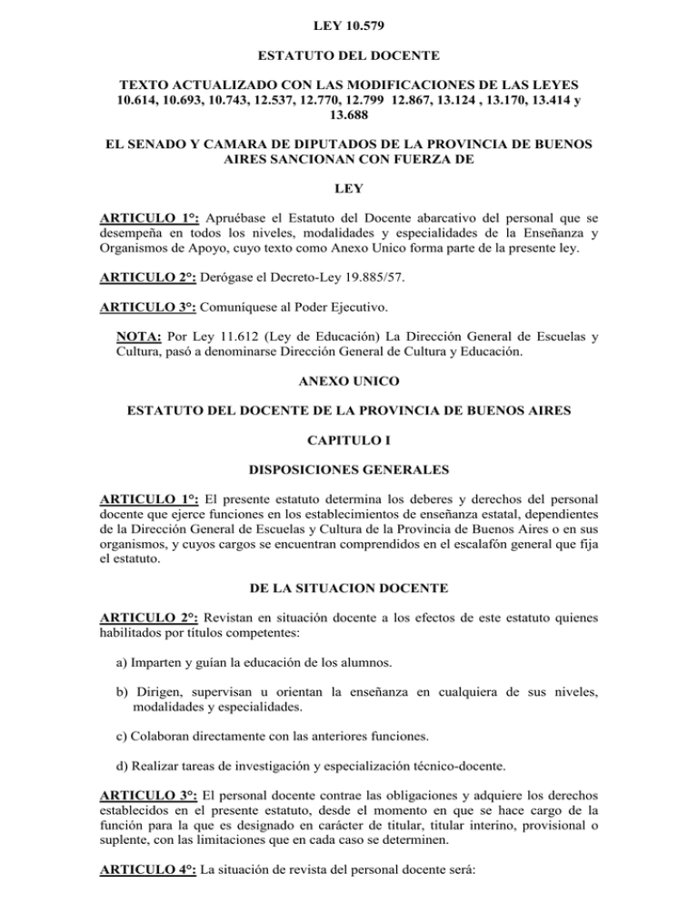 LEY 10 579 ESTATUTO DEL DOCENTE TEXTO ACTUALIZADO
