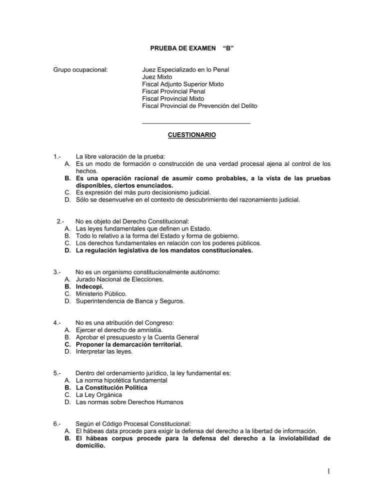 PRUEBA DE EXAMEN “B” Grupo Ocupacional: Juez Especializado