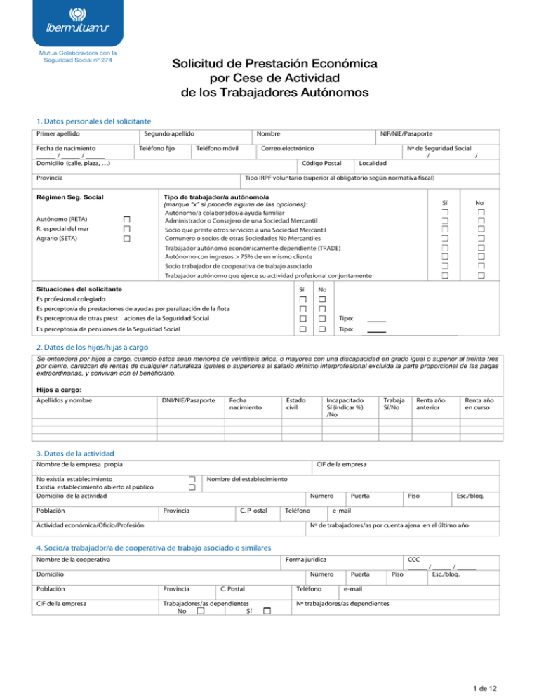 Solicitud De Prestación Económica Por Cese De Actividad De Los 