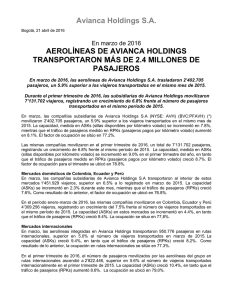 En marzo de 2016 aerolíneas de Avianca Holdings transportaron