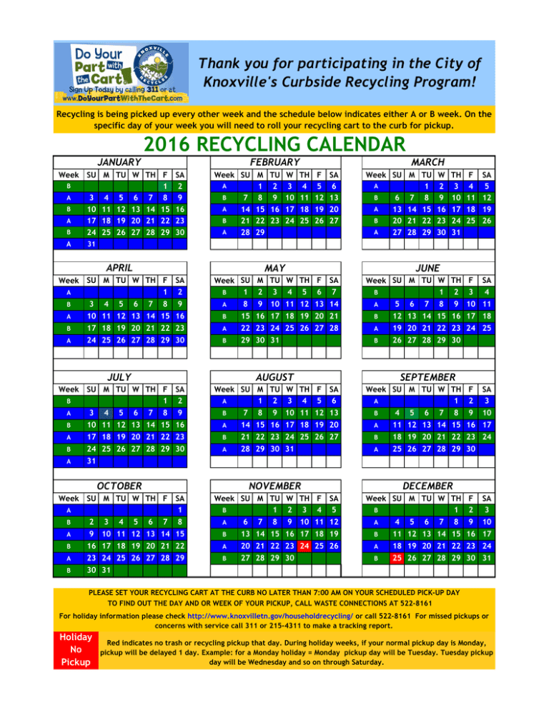 2016 recycling calendar Waste Connections of Tennessee