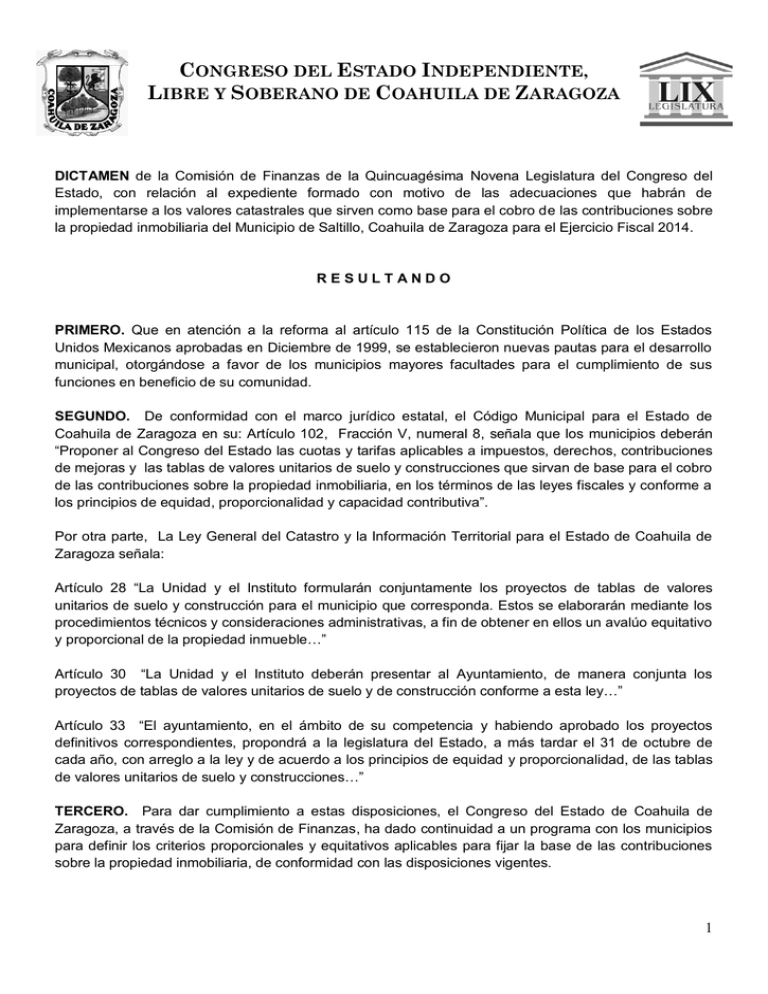 Tablas de Valores del Municipio Saltillo, de Coahuila de Zaragoza