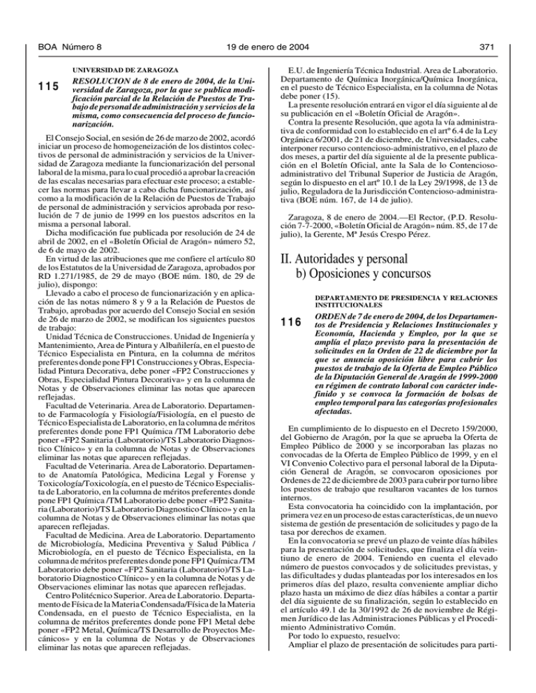 II. Autoridades Y Personal B) Oposiciones Y Concursos