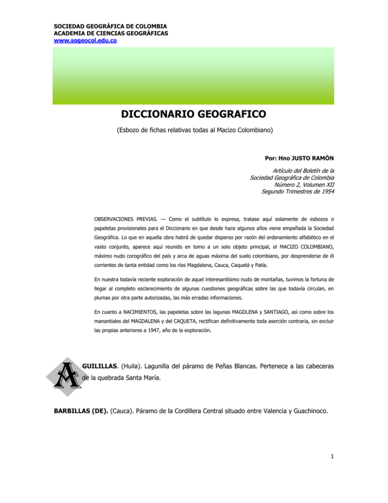 Diccionario Geográfico - Sociedad Geográfica De Colombia