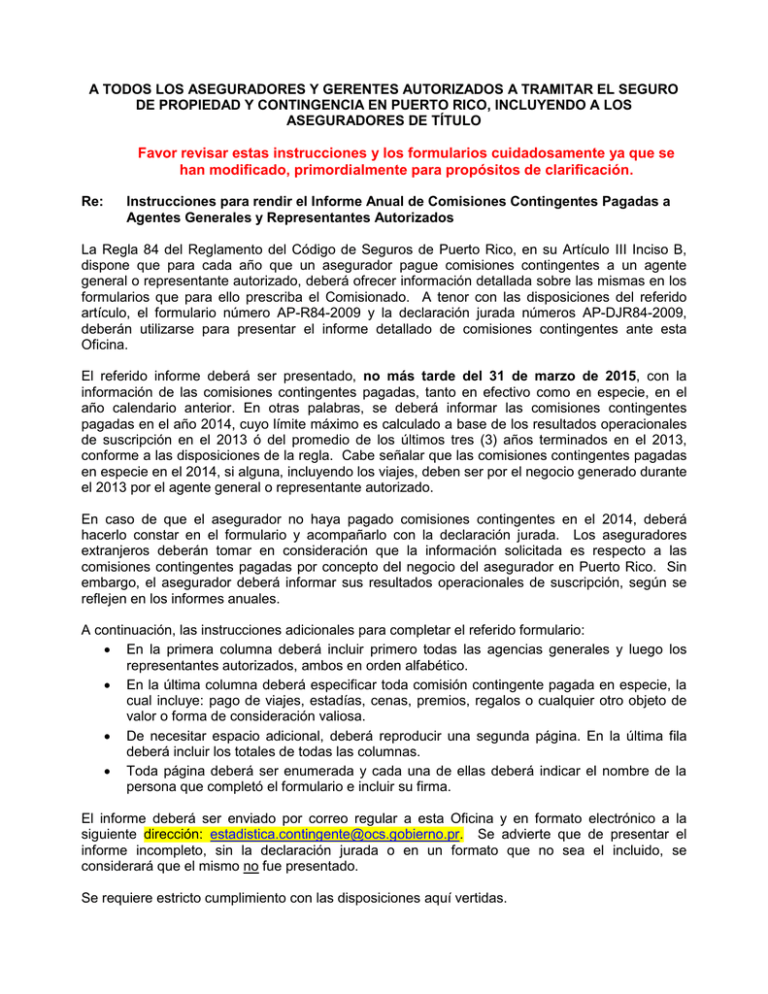 Comisiones Contingentes Oficina Del Comisionado De Seguros 7753