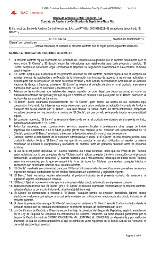 Contrato De Apertura De Certificado De Deposito A Plazo Fijo