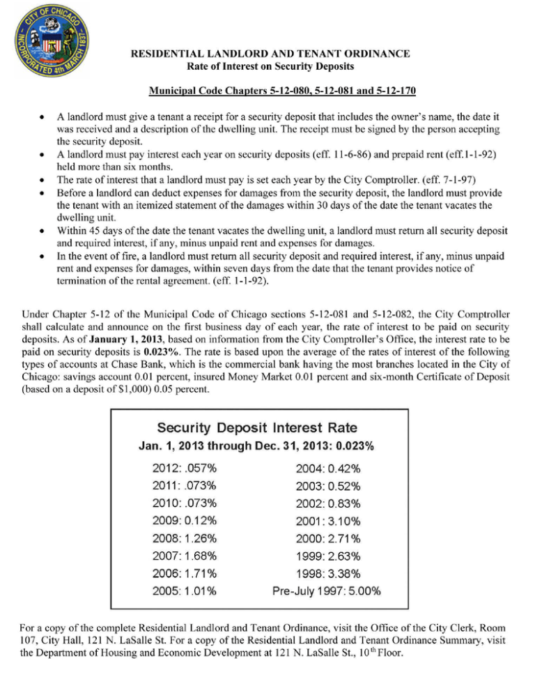 chicago interest rate on security deposits