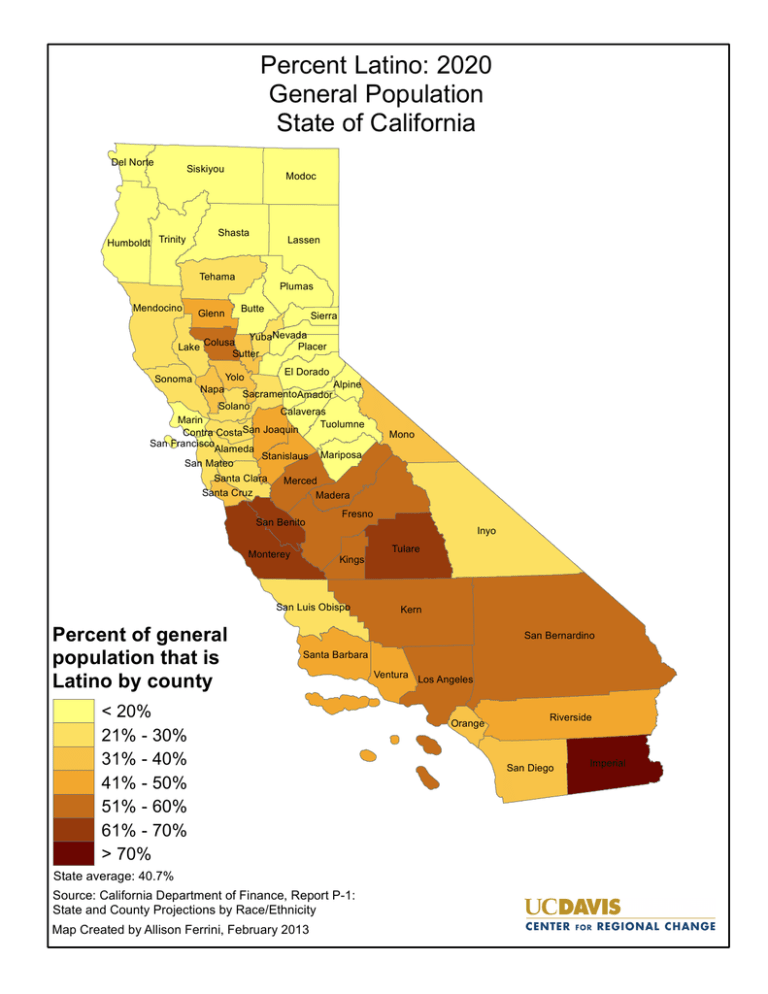Percent Latino 2020 General Population State of California