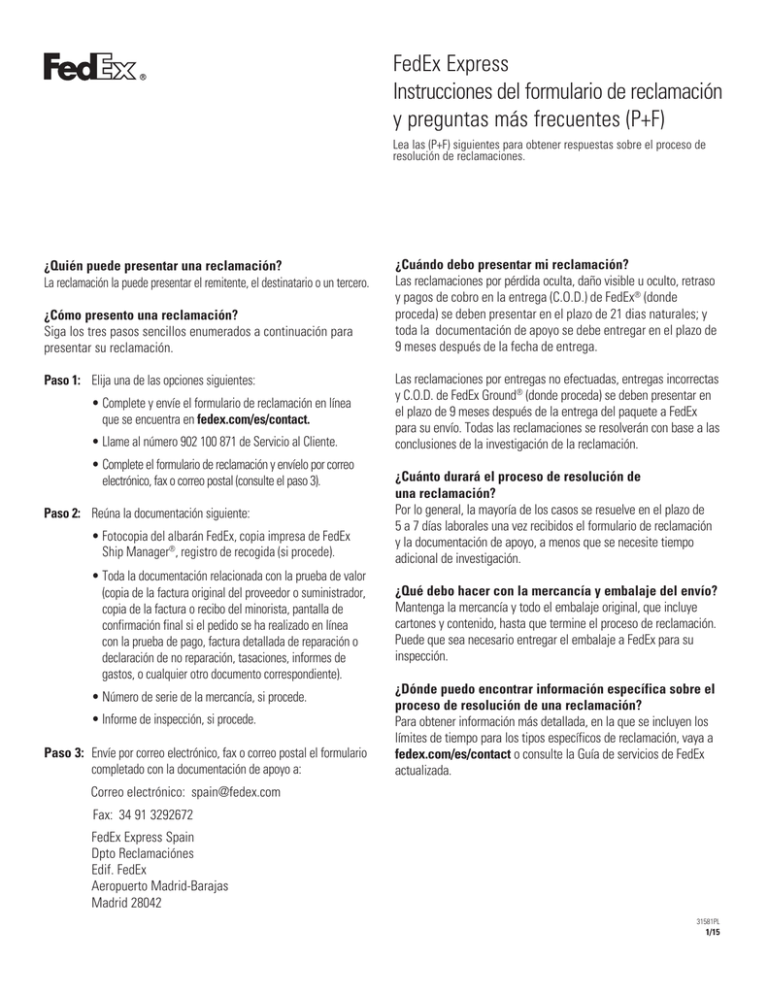 FedEx Express Instrucciones Del Formulario De Reclamación Y