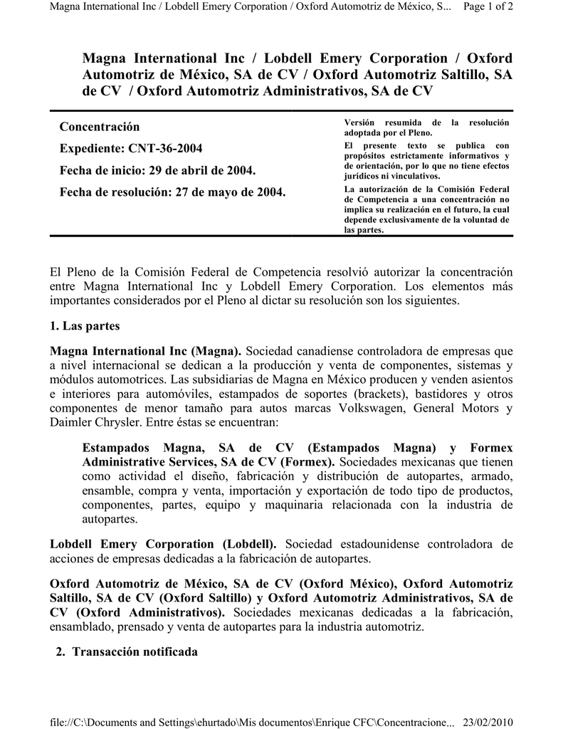 Magna International Inc Lobdell Emery Corporation Oxford
