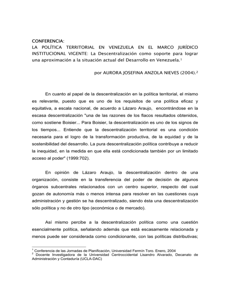 CONFERENCIA LA POL TICA TERRITORIAL EN VENEZUELA EN