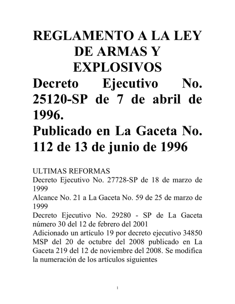 reglamento a la ley de armas y explosivos
