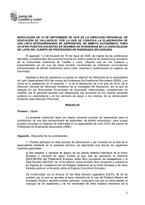 resolución de 15 de septiembre de 2016 de la dirección provincial