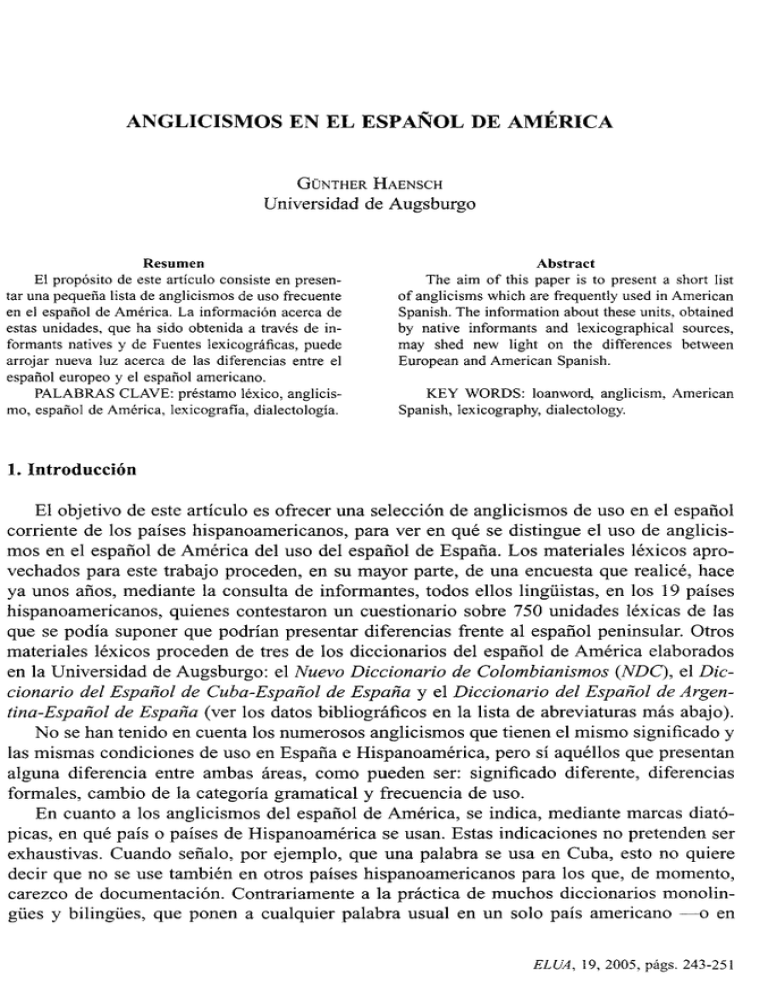 ANGLICISMOS EN EL ESPAÑOL DE AMÉRICA Universidad