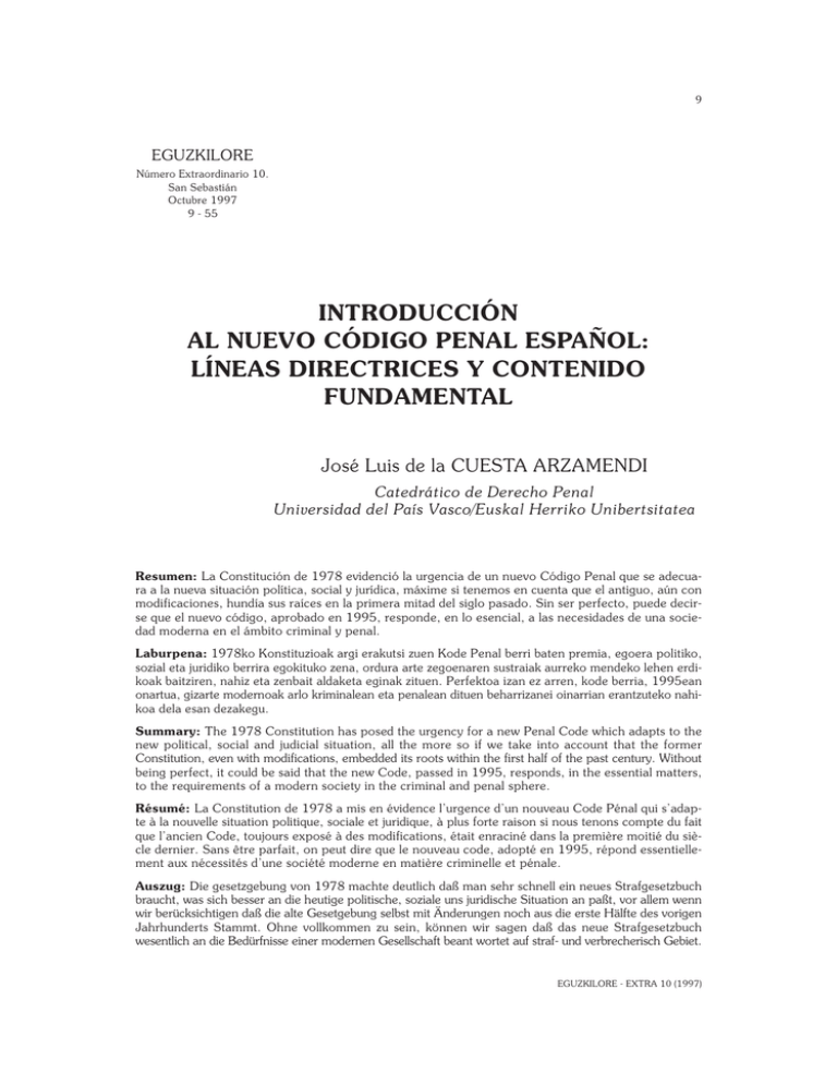 INTRODUCCIÓN AL NUEVO CÓDIGO PENAL ESPAÑOL: LÍNEAS