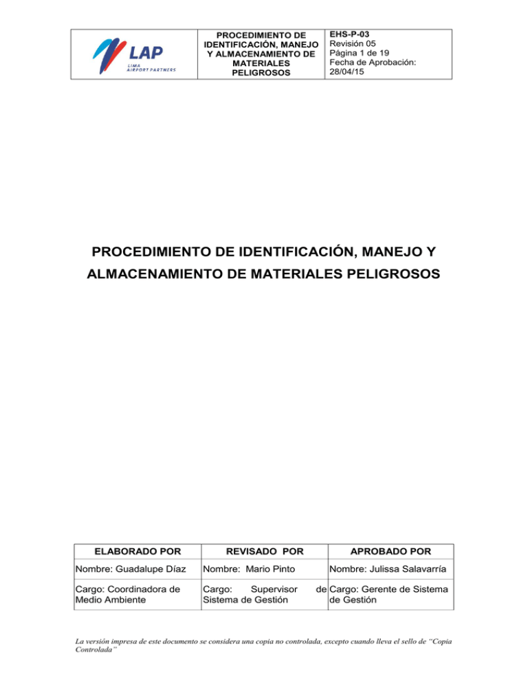 procedimiento de identificación, manejo y almacenamiento