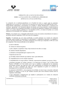 Normativa de la Facultad de Letras sobre la evaluación de la