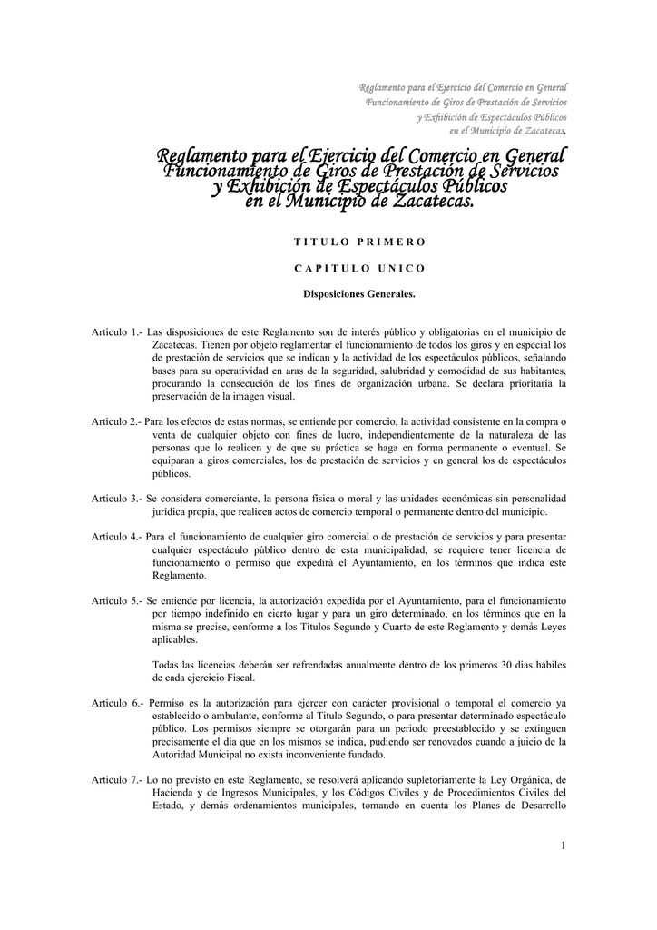 Reglamento para el ejercicio del Comercio en General para Zac. Reglamento para el ejercicio del Comercio en General para Zac.