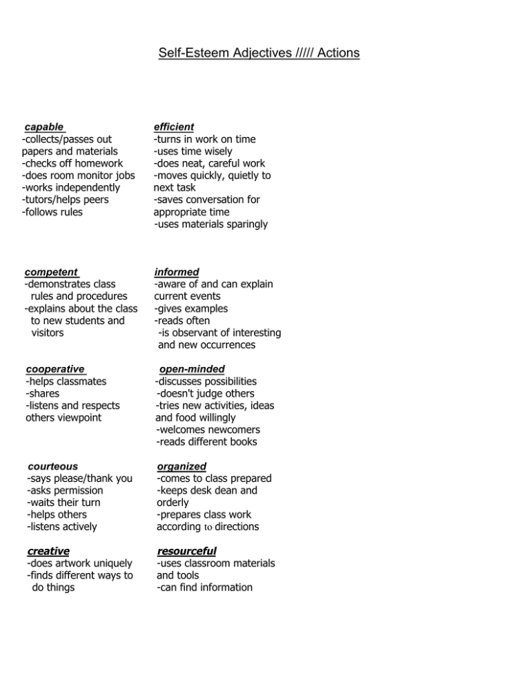 Self Esteem Adjectives Actions