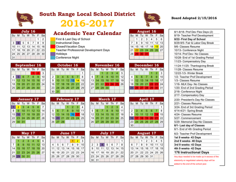 Academic Year Calendar South Range Local School District